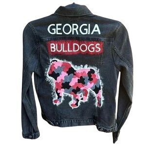 Hand-Painted Georgia Bulldog Camo Jean Jacket - Unique Dog Design - Gap Denim